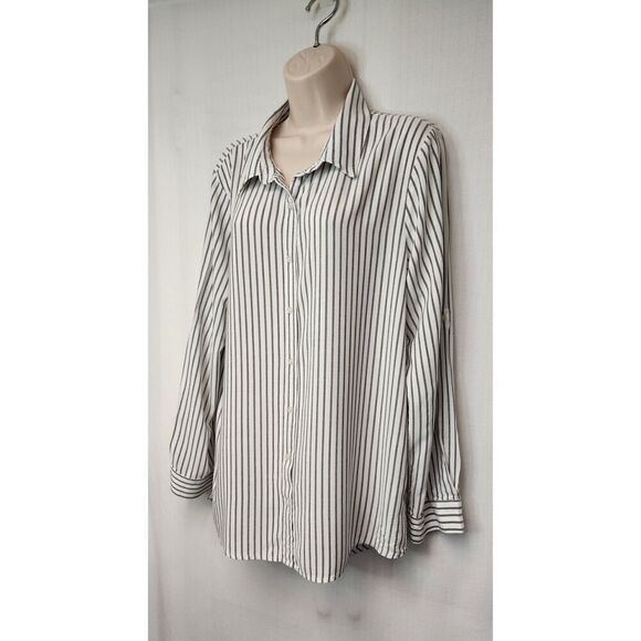 Calvin Klein Striped Blouse Long Sleeve Lo-Hi Button-up Shirt White/Gray XL - Picture 3 of 9